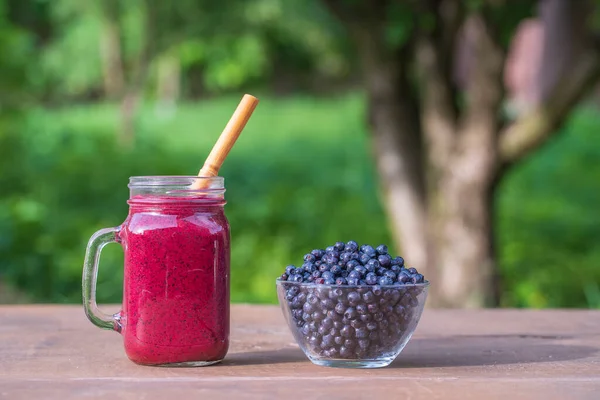 Delicious Blueberry Smoothie Glass Mug Table Close — Stock Photo, Image