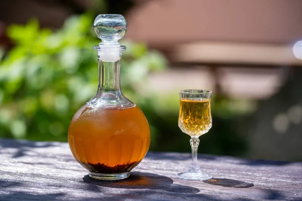 ガラス瓶の中の自家製白樺の芽のチンキと ウクライナの庭の木製テーブルの上のワインクリスタルグラスを閉じます ハーブアルコール飲料のコンセプト — ストック写真