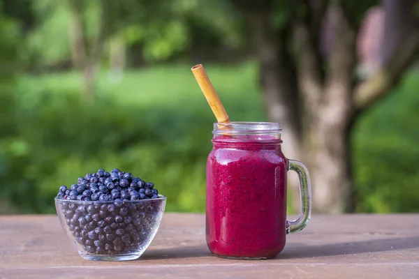 Delicious Blueberry Smoothie Glass Mug Table Close — Stock Photo, Image