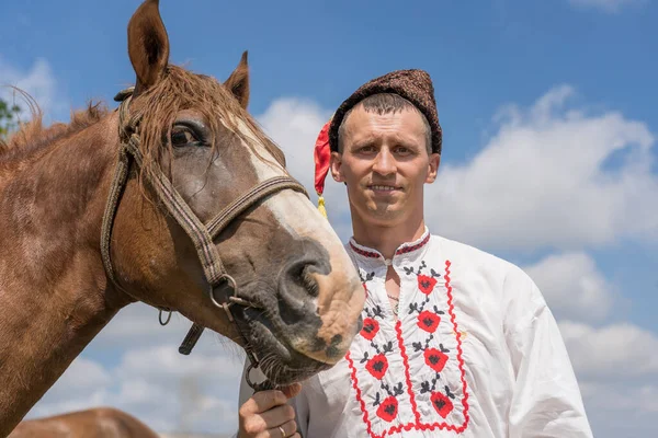 Slavuta Ukraine August 2021 Ukrainian Guy Horse Participate Ethno Eco — Stock Photo, Image