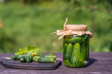 Taze ve tuzlu, cam bir kavanozda salatalık turşusu, güneşli bir günde yaz bahçesindeki eski bir ahşap masada, kopyalama alanı, kapat. Yeşil salatalıklı kavanoz, otlar, dereotu, sarımsak