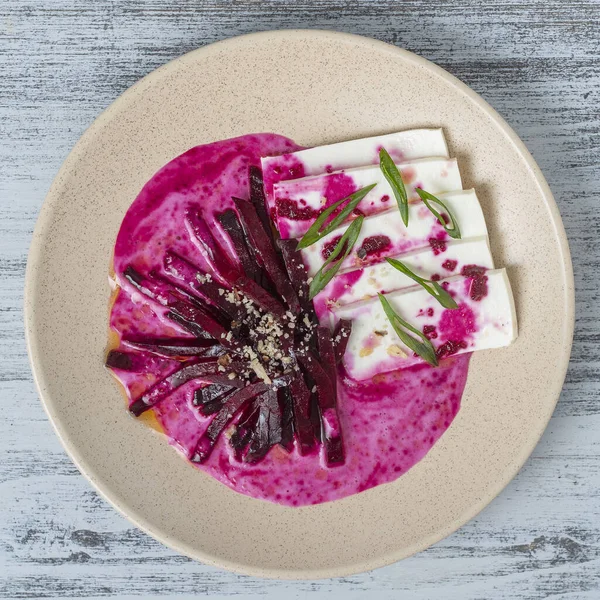 Boiled Beet Salad Soft Feta Cheese Sauce Close Top View — Stock Photo, Image