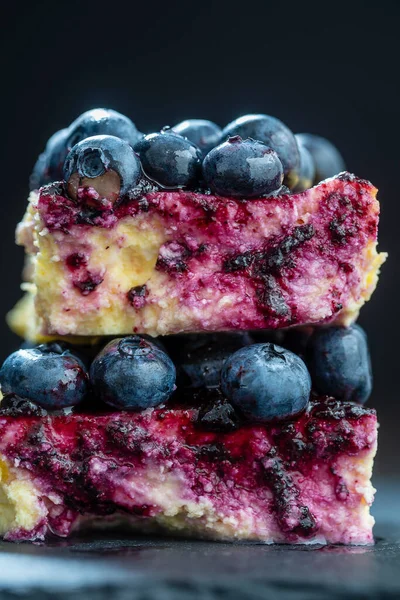 Piece Homemade Blueberry Cheesecake Dark Background Close Macro — Stock Photo, Image