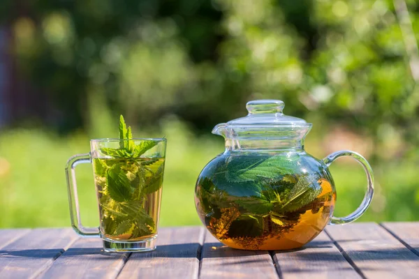 Ortiga Saludable Una Olla Vidrio Taza Jardín Verano Mesa Madera —  Fotos de Stock