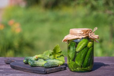 Taze ve tuzlu, cam bir kavanozda salatalık turşusu, güneşli bir günde yaz bahçesindeki eski bir ahşap masada, kopyalama alanı, kapat. Yeşil salatalıklı kavanoz, otlar, dereotu, sarımsak