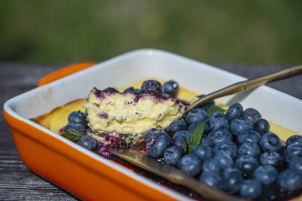 Piece Blueberry Cheesecake Ceramic Bowl Table Close — Stock Photo, Image