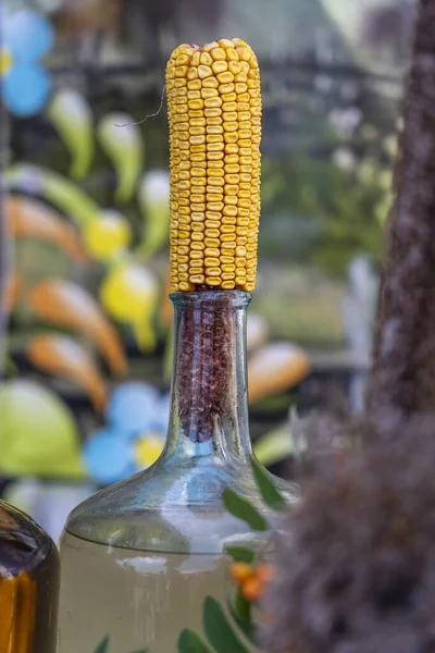 Big Bottle Moonshine Vodka Cob Corn Stopper Bottle Close Ukraine — Stock Photo, Image