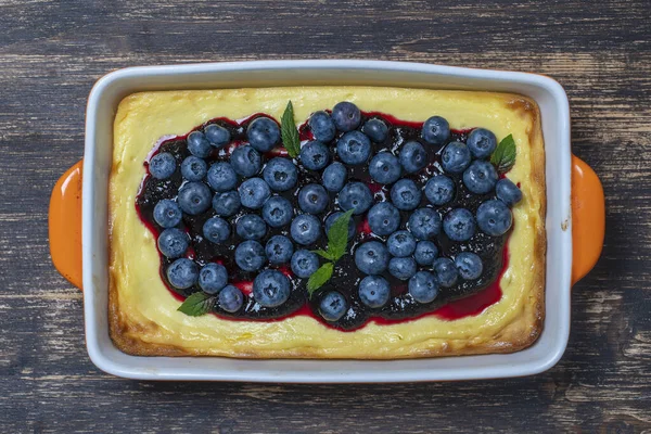 Blueberry Cheesecake Ξύλινο Φόντο Πάνω Όψη Κοντινό Πλάνο — Φωτογραφία Αρχείου