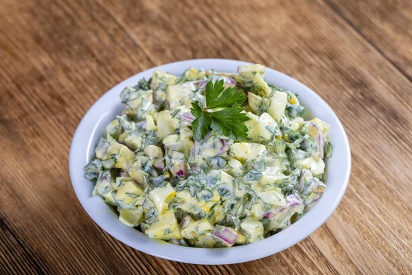 Salad Radish Boiled Egg Parsley Sour Cream White Bowl Healthy — Stock Photo, Image