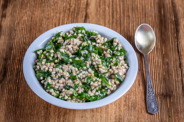 Trigo Sarraceno Verde Junto Con Ramson Sésamo Miel Tazón Blanco —  Fotos de Stock