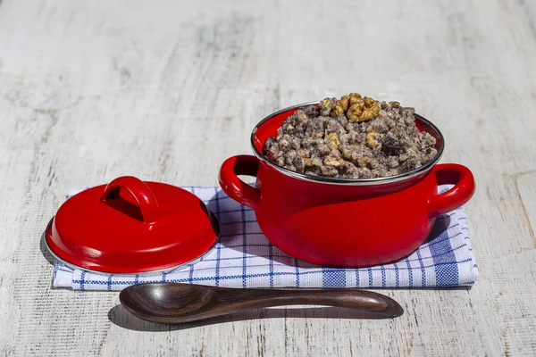 Panela Vermelha Com Kutia Refeição Doce Natal Tradicional Ucrânia Bielorrússia — Fotografia de Stock