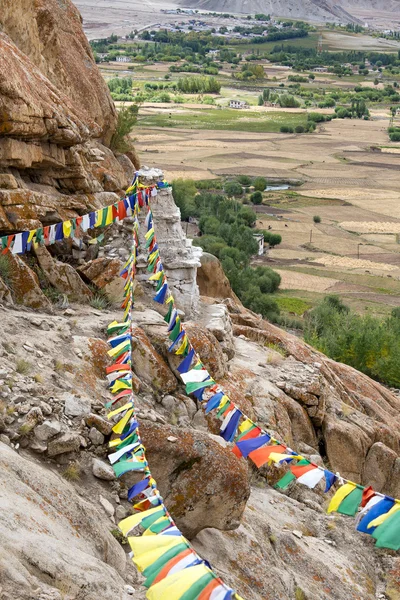 Muitas bandeiras de oração budistas coloridas no Stupa perto de Takthok gompa, mosteiro budista em Ladakh, Jammu e Caxemira, Índia — Fotografia de Stock