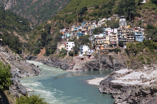 Devprayag is the last prayag of Alaknanda River and from this point the confluence of Alaknanda and Bhagirathi River is known as Ganga. Uttarakhand, India. 