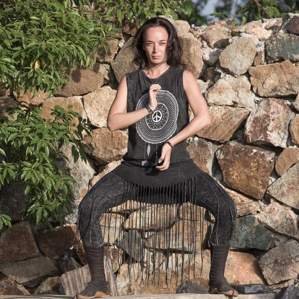 Young woman doing shamanic dance in nature — Stock Photo, Image