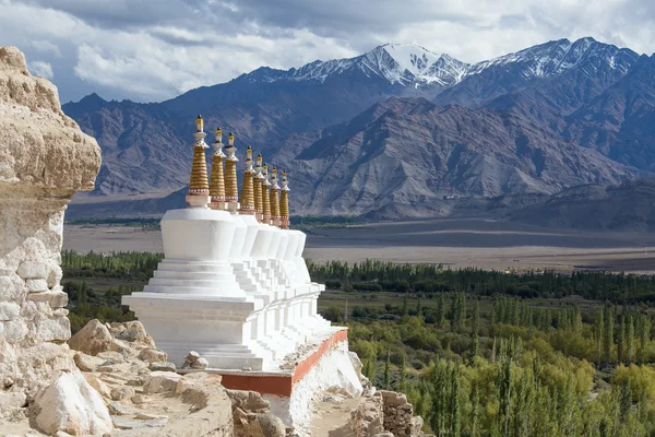 Buddhist chortens (stupa) and Himalayas mountains in the background near Shey Palace in Ladakh, India — Stock Photo, Image