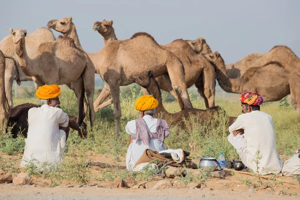 Трое индийцев приняли участие в ежегодном фестивале Pushkar Camel Mela — стоковое фото