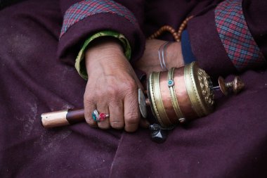 Old Tibetan woman holding buddhist prayer wheel, Ladakh, India
