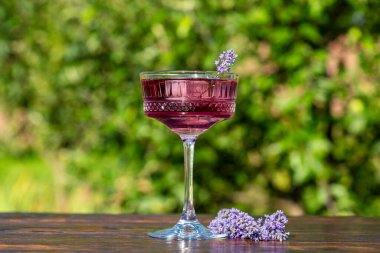 Yeşil bir yaz bahçesine karşı ahşap masada zarif kristal bardakta servis edilen parlak kokteyl ya da limonata. Eflatun çiçekli mor renkli içecek, yakın plan.