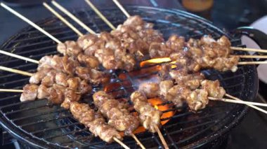 Sokak satıcısı Endonezya Bali 'deki sokak yemekleri pazarında ızgara tavuk eti satıyor. Asya mutfağı. Kapat.