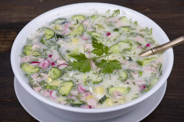 Sopa de verduras frías en yogur, base de leche agria - okroshka —  Fotos de Stock