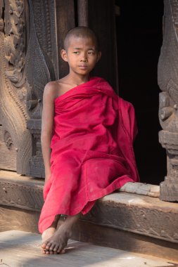 Bir manastırda genç bir keşiş portresi. Mandalay, Myanmar