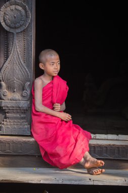 Bir manastırda genç bir keşiş portresi. Mandalay, Myanmar