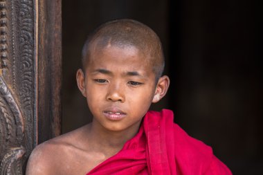 Bir manastırda genç bir keşiş portresi. Mandalay, Myanmar