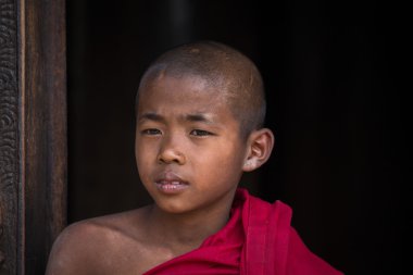 Bir manastırda genç bir keşiş portresi. Mandalay, Myanmar