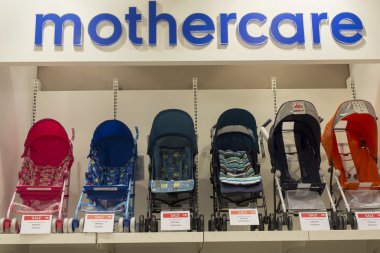 Section of baby carriages Mothercare in supermarket Siam Paragon. Bangkok, Thailand