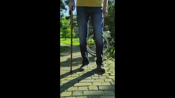 Disabled person with a cane walks away from a wheelchair in the park. — Stock Video