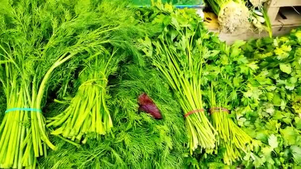 Greenery on the counter in the market top view — Vídeo de Stock