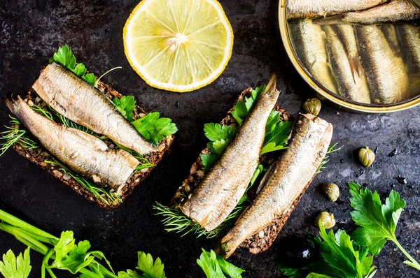 Sandwich met sardines Rechtenvrije Stockafbeeldingen