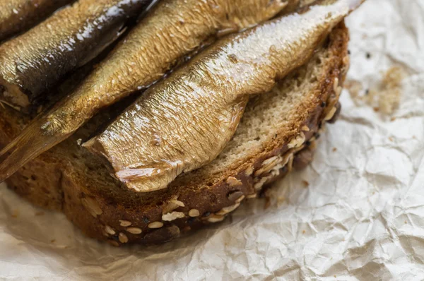 Сардины на куске хлеба — стоковое фото
