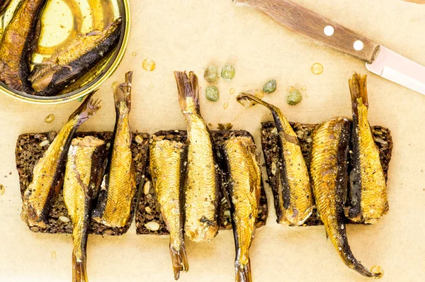 Pan con sardinas ahumadas — Foto de Stock