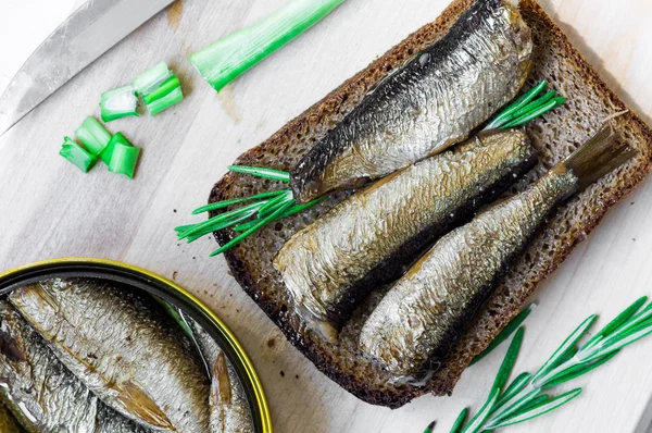 Sandwich with sardines and green top view