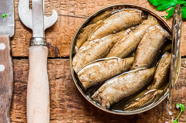 통조림된 sprats 평면도 근접 촬영 — 스톡 사진