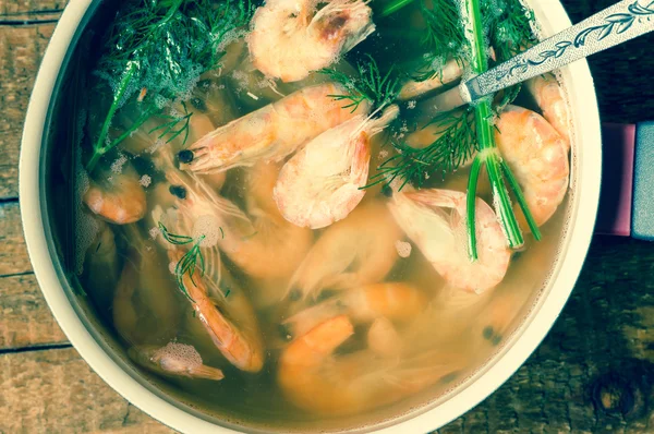 Shrimp boiled in a saucepan for soup — Stock Photo, Image