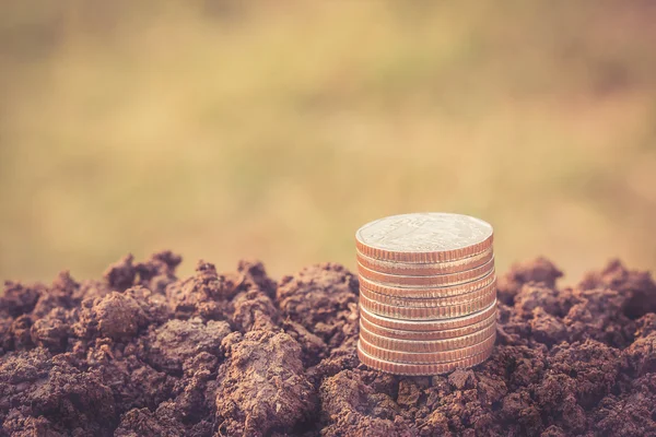 Dinero pila de monedas creciendo en el suelo con fondo borroso —  Fotos de Stock