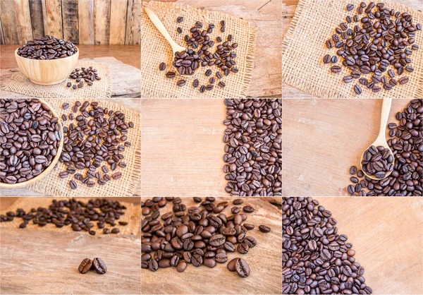 Granos de café tostados en un tazón de madera — Foto de Stock