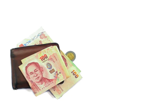 Billetera y billetes de banco sobre fondo blanco . — Foto de Stock