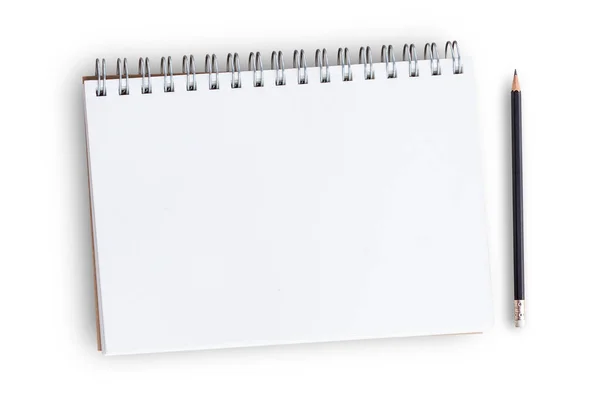 Bloc Notas Cuaderno Con Lápiz Sobre Fondo Mesa Blanco Utilización —  Fotos de Stock