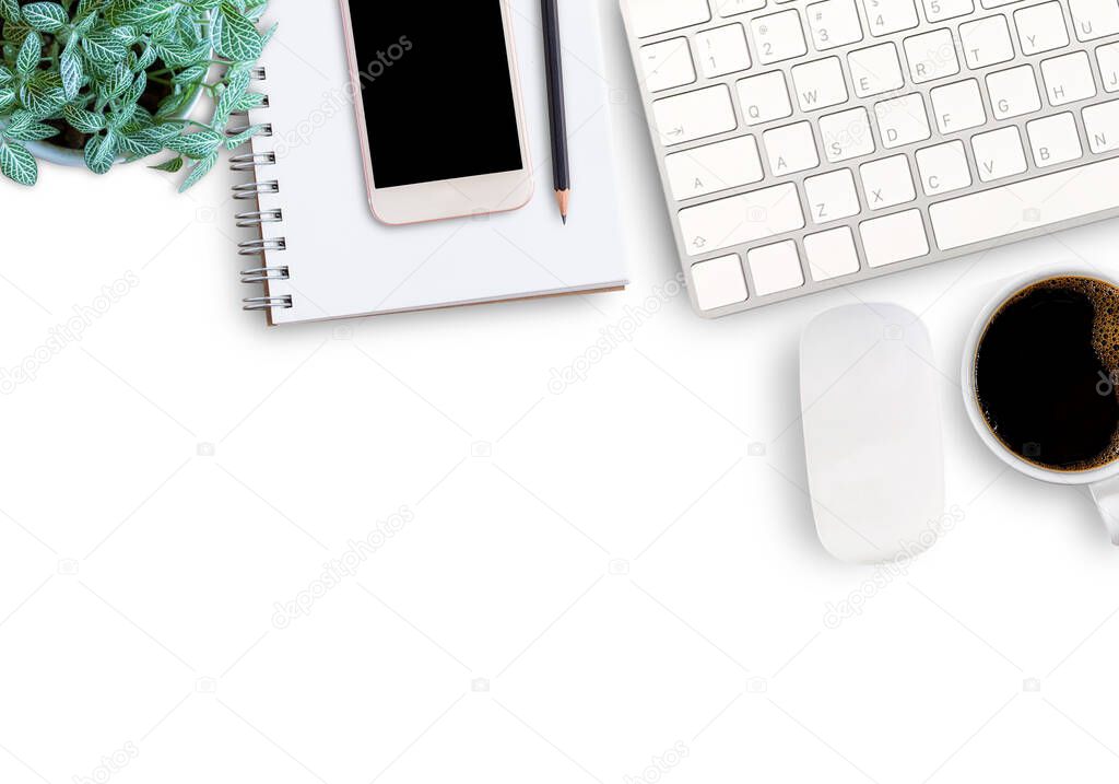 Top view with keyboard,mouse wireless,blank notebook or notepad,smartphone,fresh flower and cup of coffee on white background in office workplace. copy space for your design.