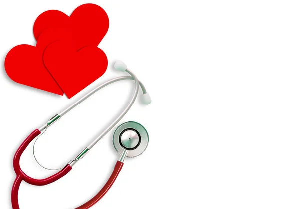 Red Heart Paper Stethoscope White Table Background — Stock Photo, Image