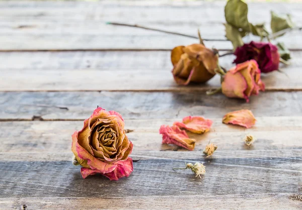 Getrocknete Rosen auf altem Holzgrund — Stockfoto