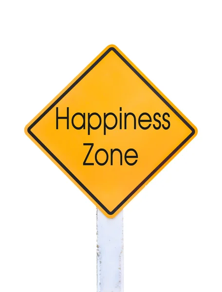 Желтый текст дорожного знака для зоны счастья изолированы на белом — стоковое фото