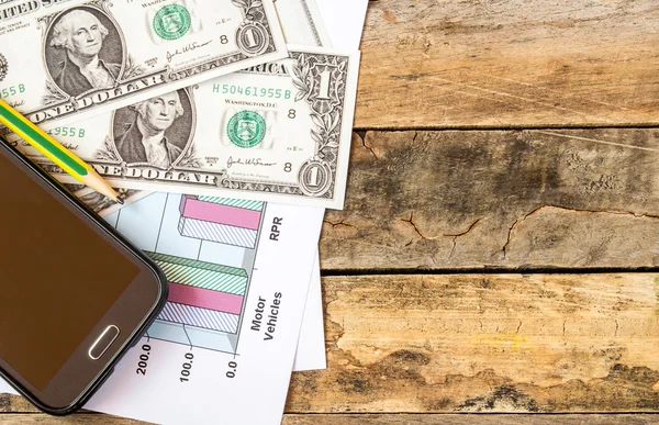 Telefone inteligente e dólares em gráficos de papel financeiro — Fotografia de Stock