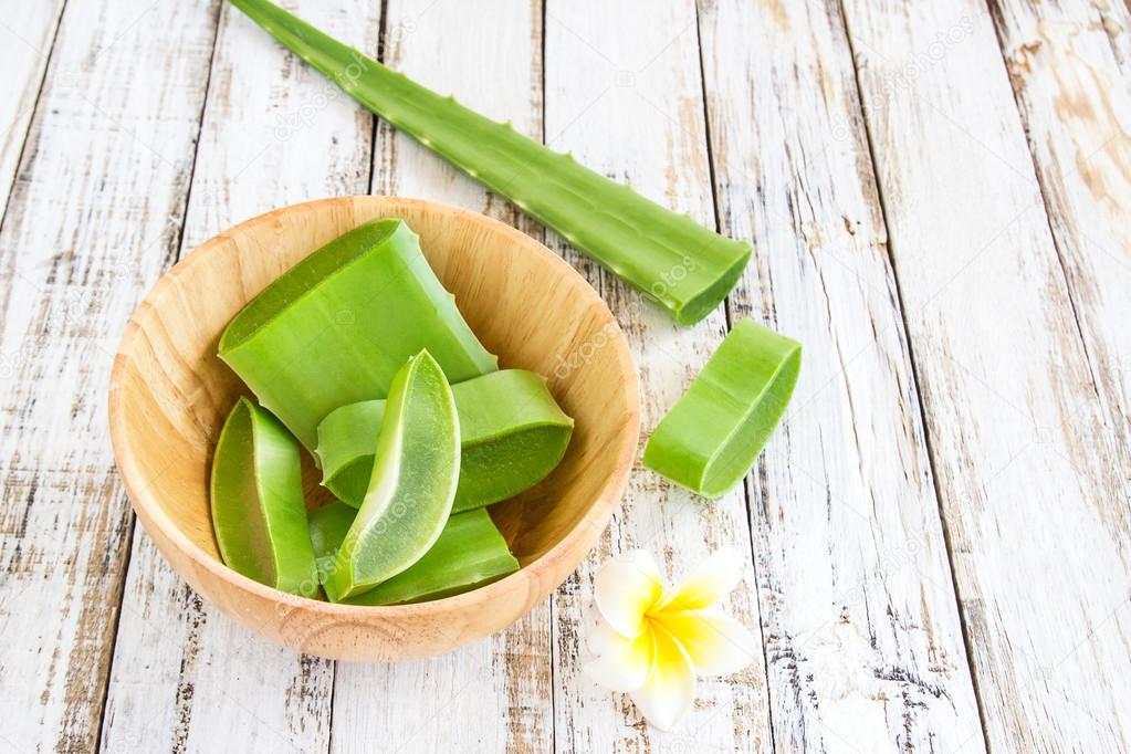 Aloe Vera leaves in wooden bowl on wooden table