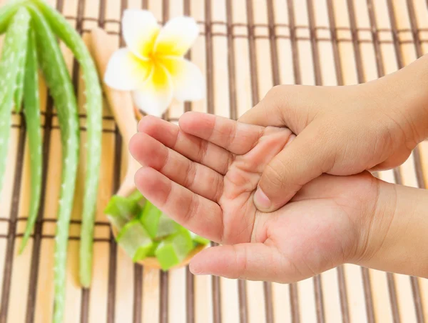 Dolor en las manos con aloe vera borrosa y fondo de flores de frangipani —  Fotos de Stock