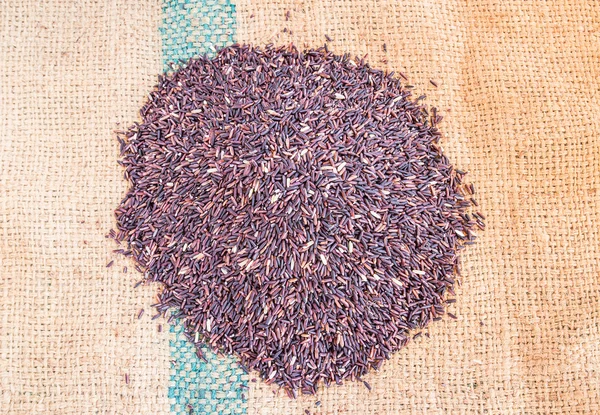 Groselha de arroz roxo cru no fundo saco de serapilheira — Fotografia de Stock