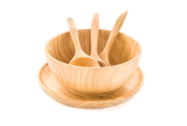 Ciotola di legno e cucchiaio di legno su sfondo bianco — Foto Stock